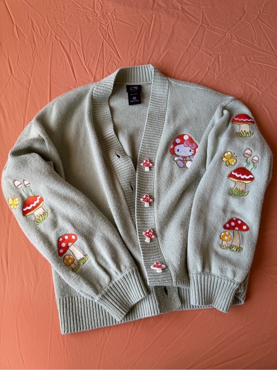 Sanrio Sweaters - Hot Topic Sanrio Hello Kitty Mushroom Embroidered Knit Cardigan Size Small
